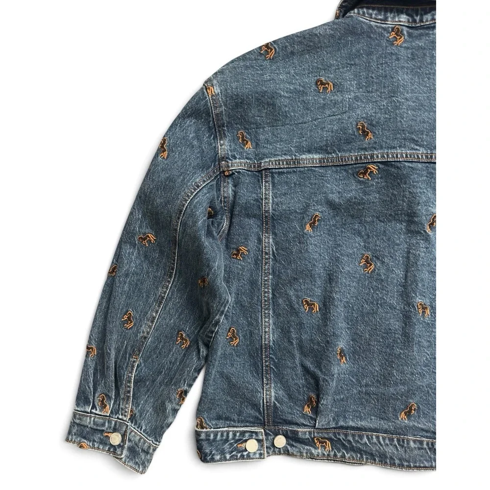 Avec Les Filles Horse Embroidered Denim Trucker Jacket Jean Blue Women's Size L